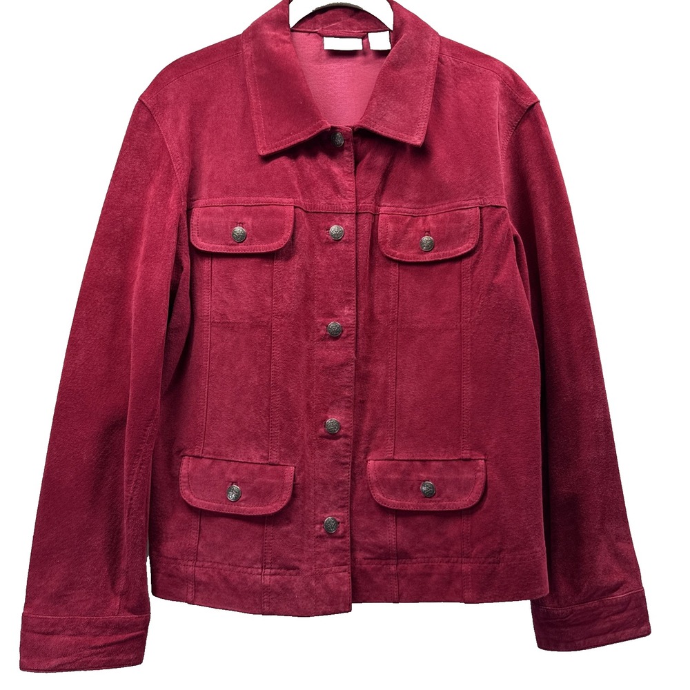 Chicos Womens Suede Leather Coat Size Medium Red Long Sleeve Button Up Jacket
